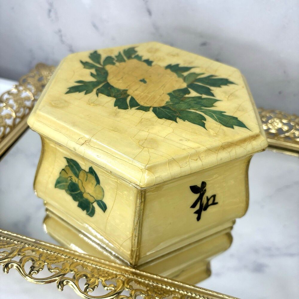 Antique Oriental Wooden Jewelry Box Victorian Style Decoupage Roses Hexagon MCM